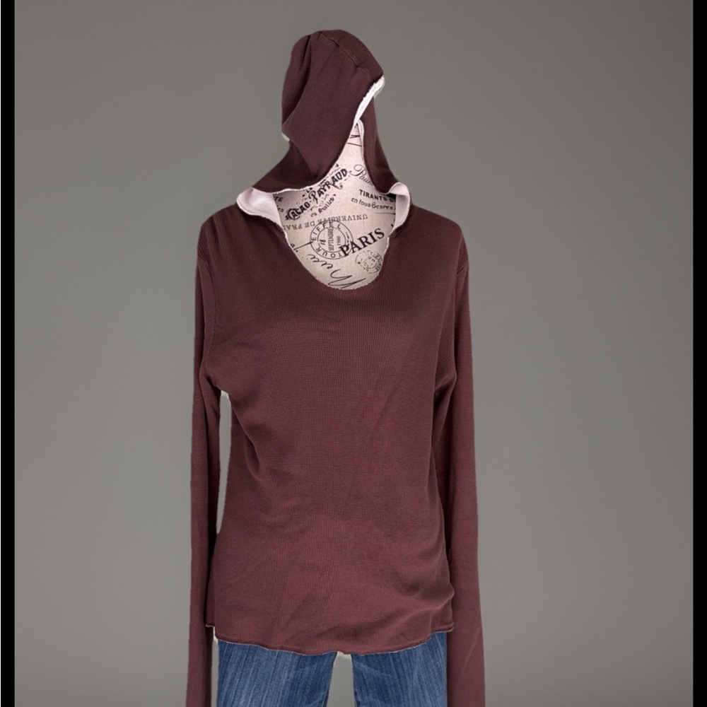 /Horny Toad Top V-Neck Hooded Extra Long Sleeve with thumb hole Brown Sz L